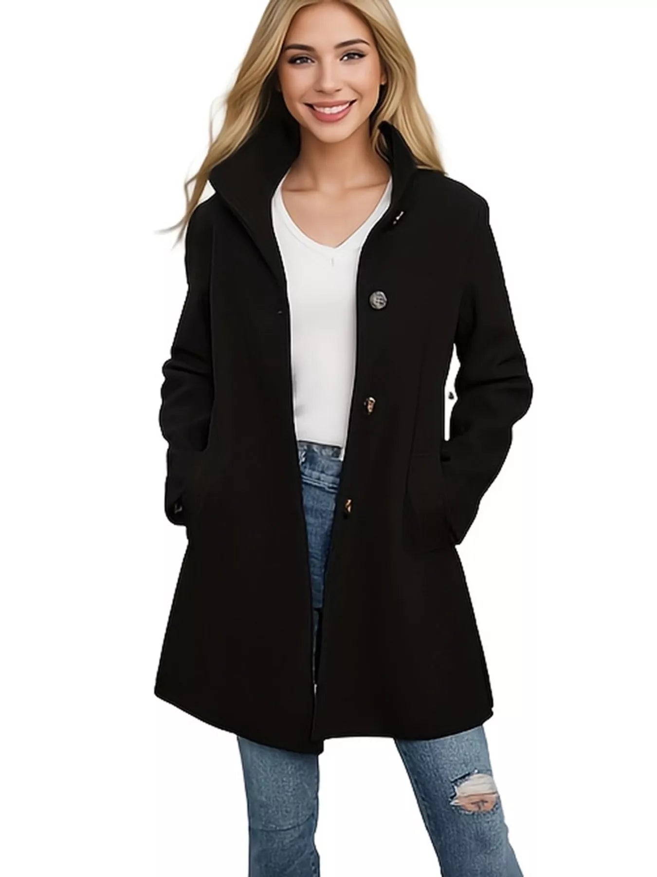 Button-Down Long Sleeve Outerwear Black OutfitFlow