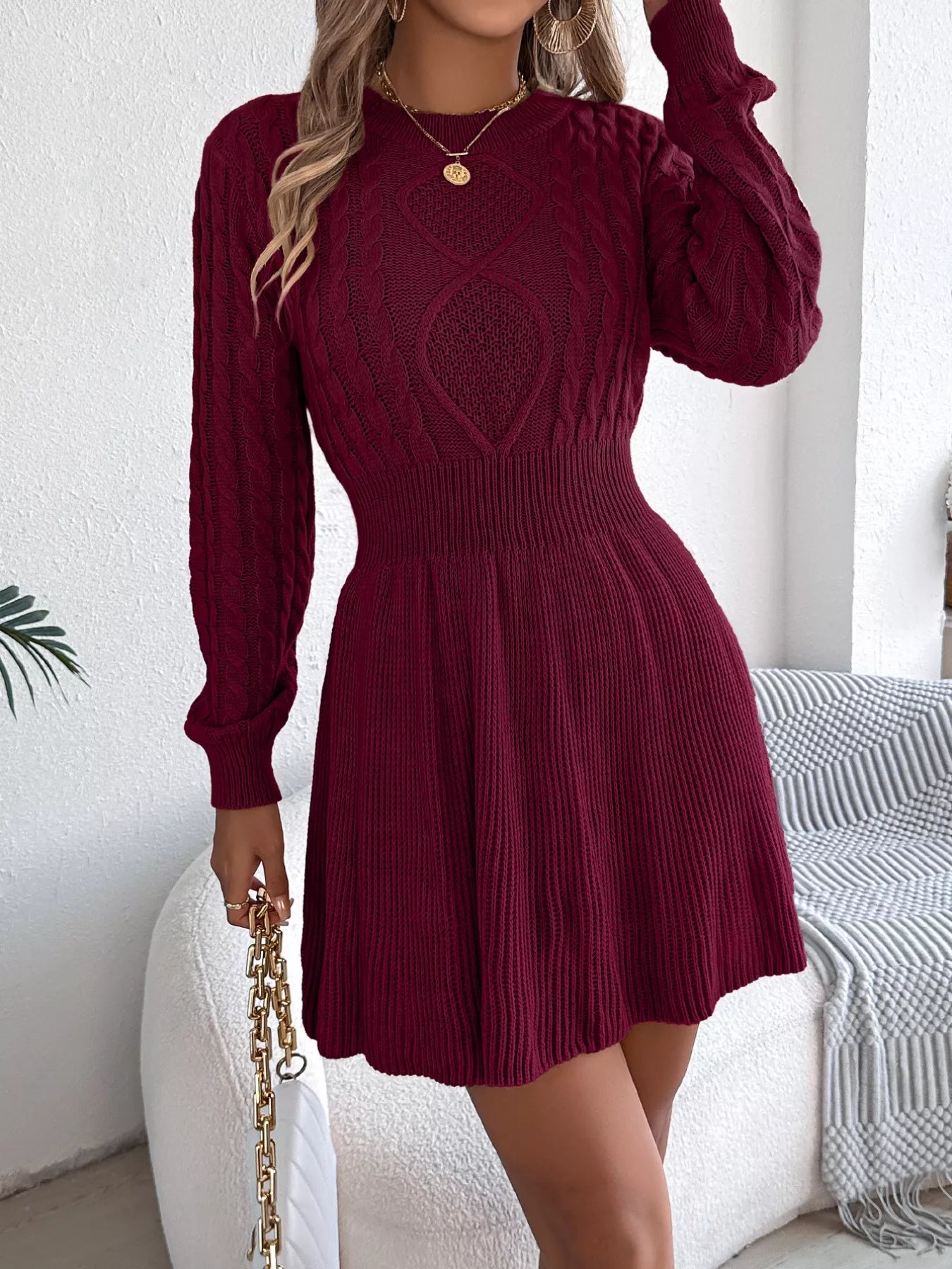 Cable Knit Long Sleeve Sweater Dress OutfitFlow