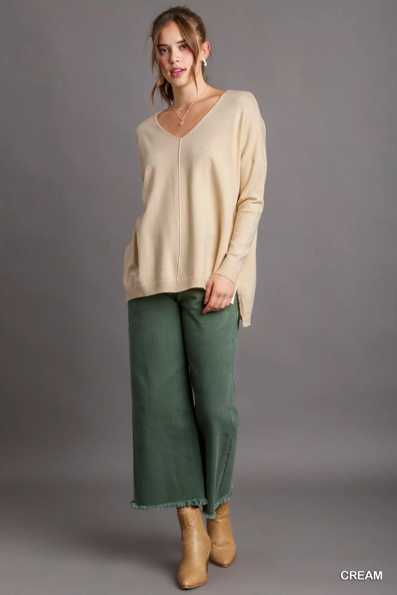 Umgee V-Neck High Low Hem Knit Top with Side Slit OutfitFlow