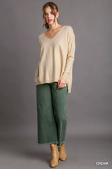 Umgee V-Neck High Low Hem Knit Top with Side Slit OutfitFlow