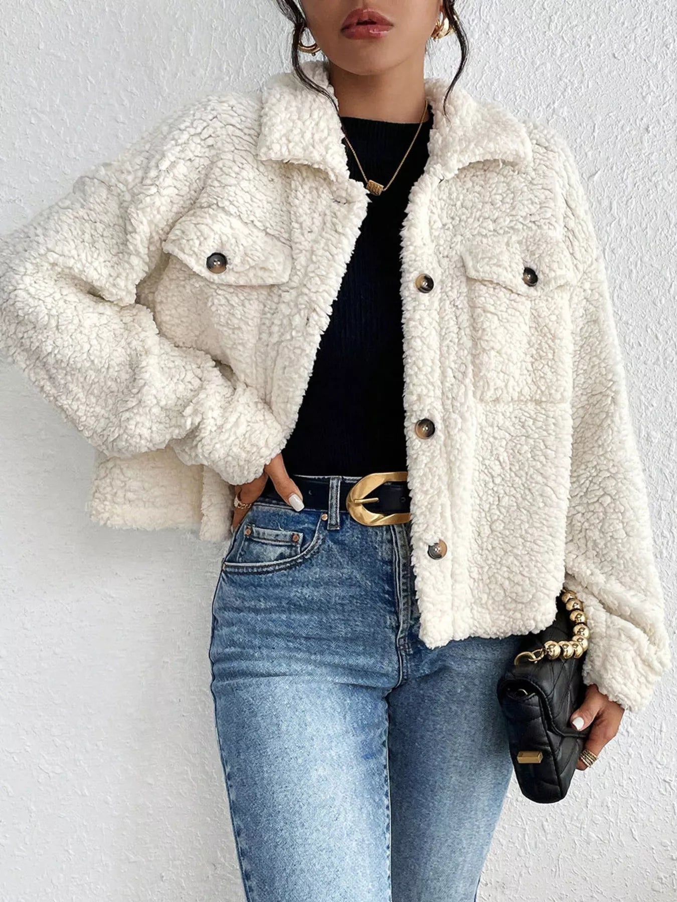 Cozy Sherpa Button-Down Jacket OutfitFlow