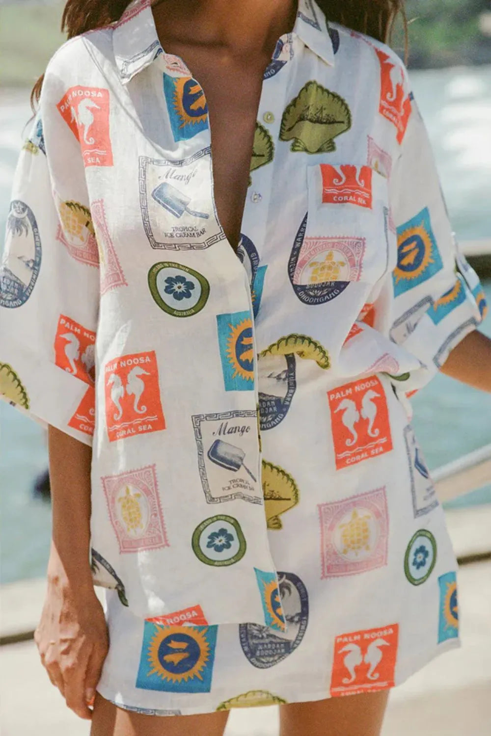 Printed Button Up Shirt and Skirt Set OutfitFlow