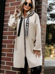 Full Size Casual Hooded Zip-Up Longline Outerwear Plus Size Beige Trendsi