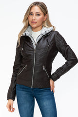 Outfit Flow - YMI Faux Layered Double-Zipper Jacket with Fuzzy Hood