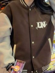 Color Block Snap Down Baseball Jacket Brown One Size OutfitFlow