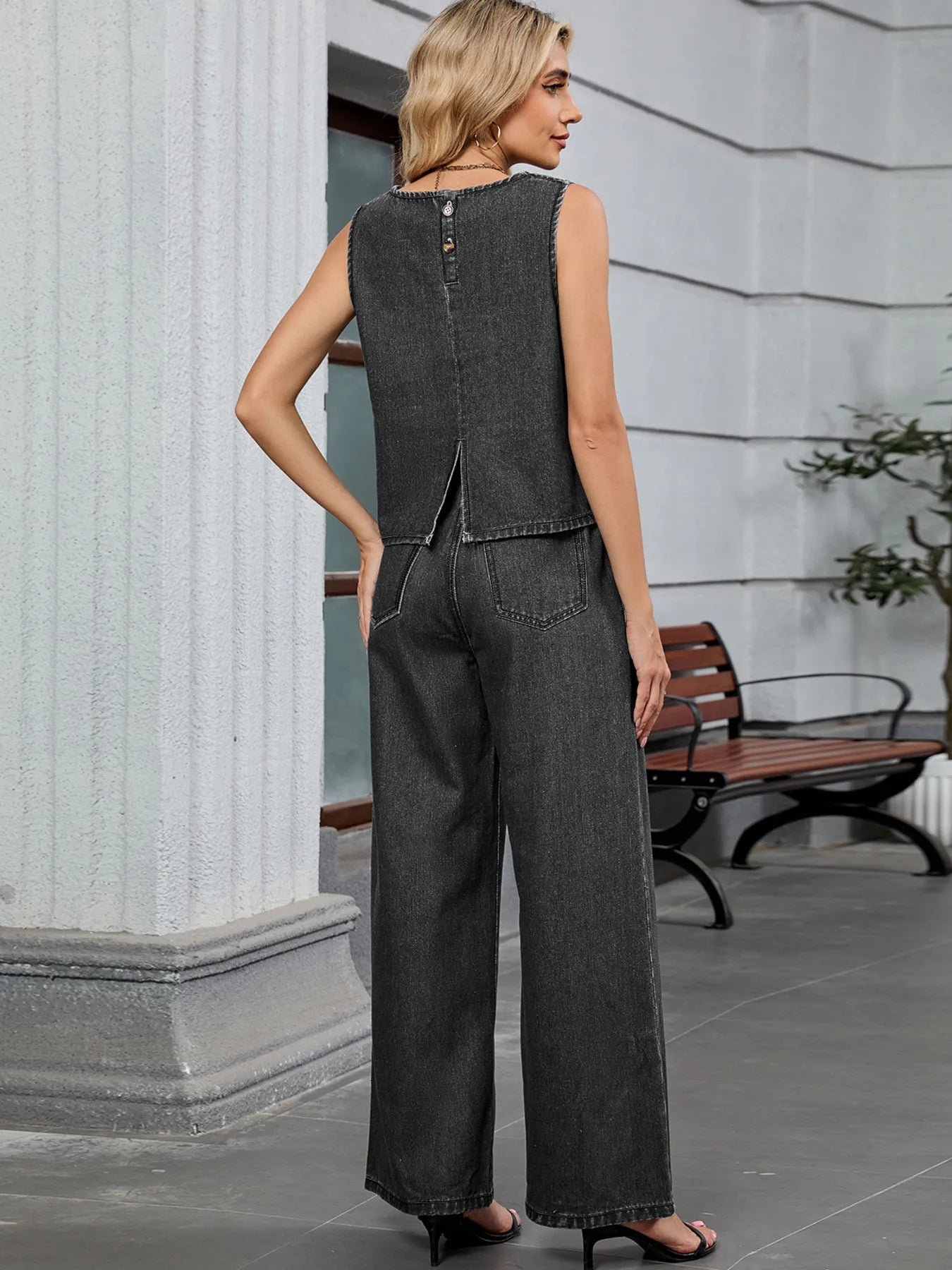 Round Neck Tank and Pants Denim Set OutfitFlow