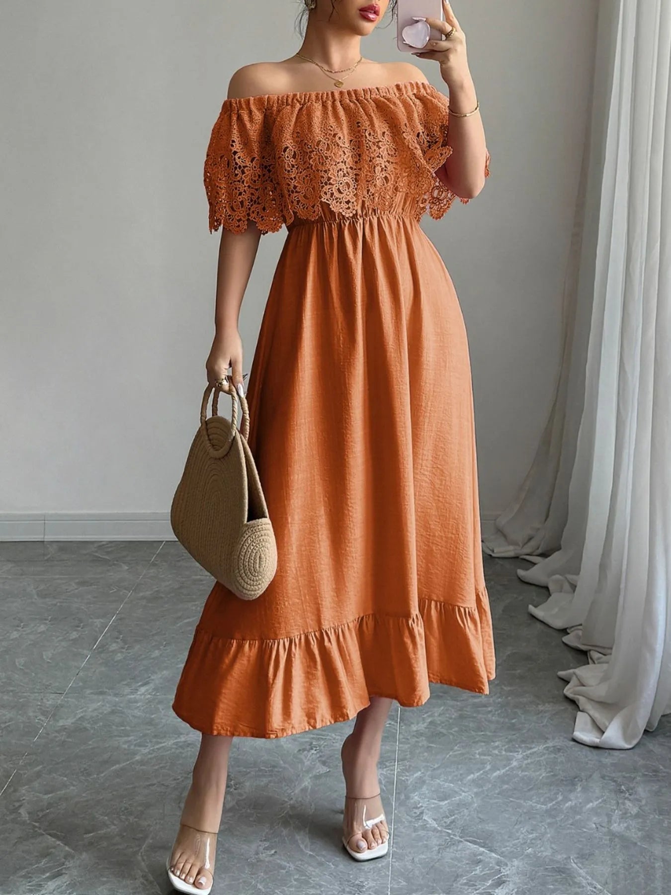 Off-Shoulder Lace Ruffle Midi Dress OutfitFlow