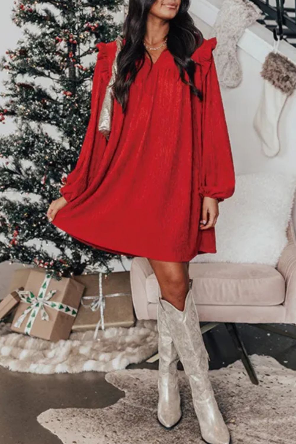 Frill Notched Long Sleeve Dress OutfitFlow