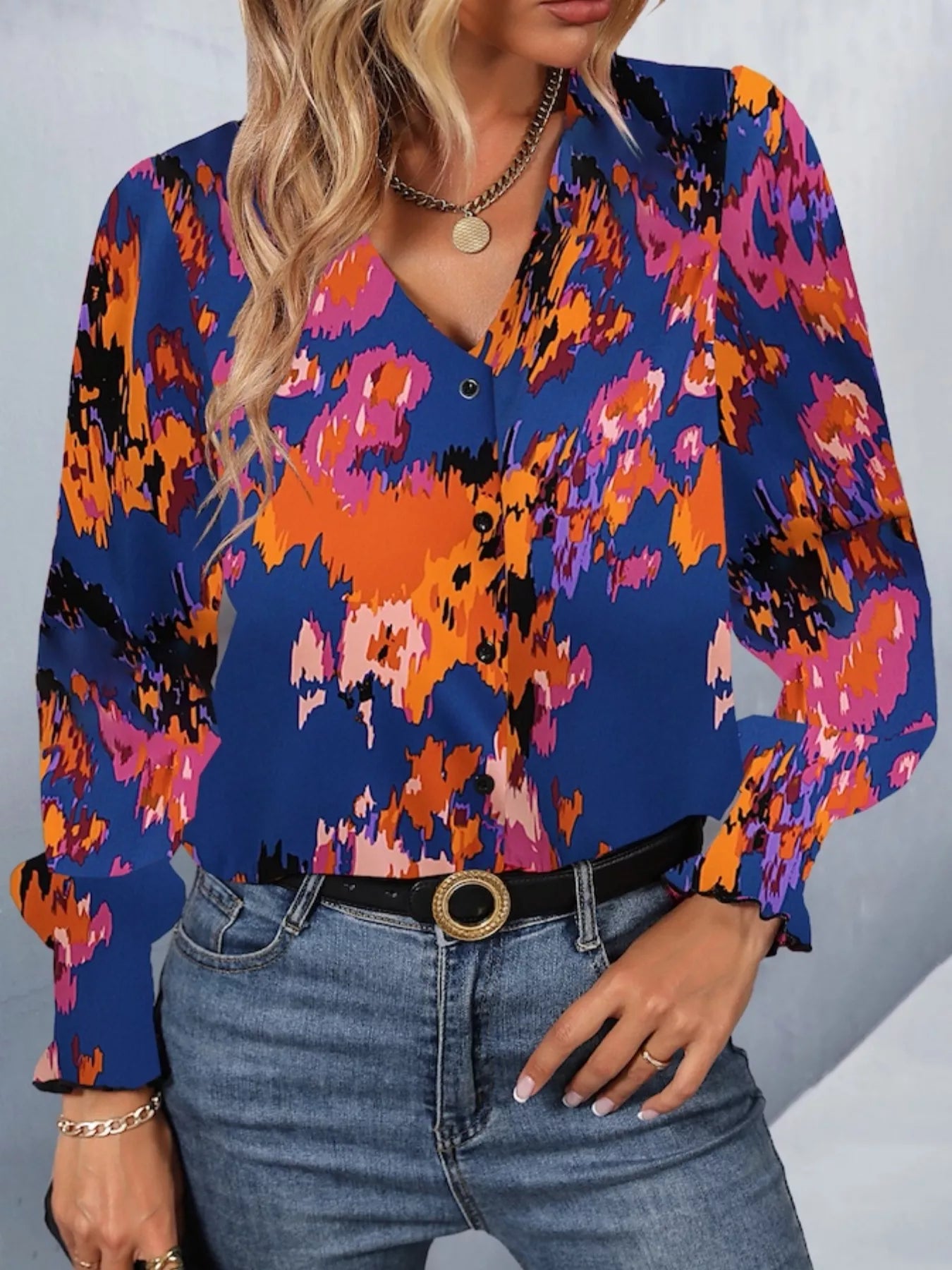 Printed Button Up Long Sleeve Shirt Dark Blue OutfitFlow