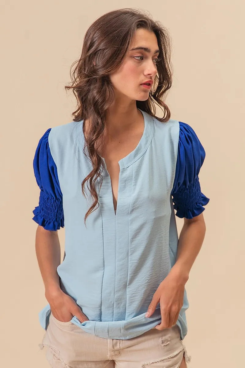 BiBi Air Flow Color Block Puff Sleeves V Neck Top OutfitFlow