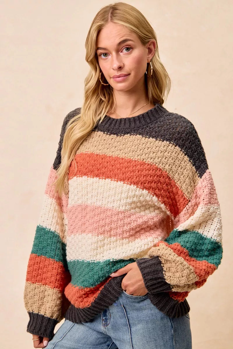 BiBi Stripes Color Block Chunky Sweater OutfitFlow