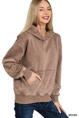 Zenana Fleece Acid Wash Kangaroo Pocket Hoodie OutfitFlow