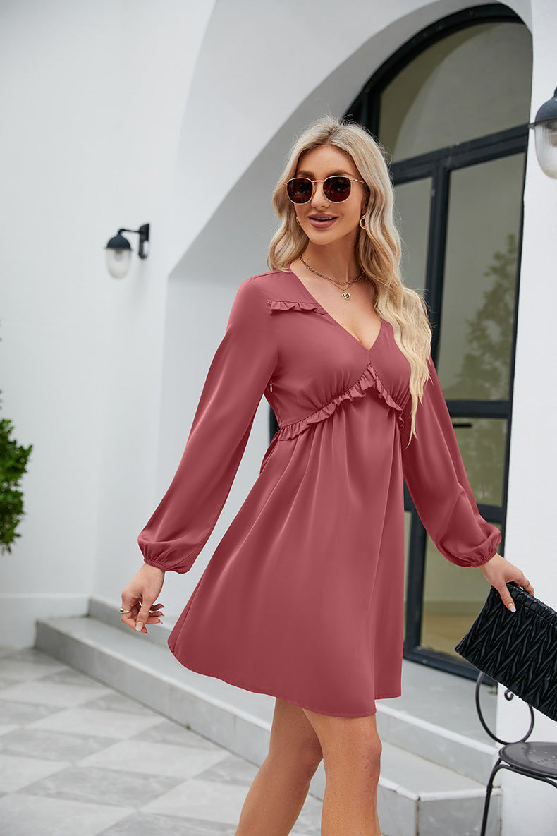 Frill Trim V-Neck Long Sleeve Dress OutfitFlow