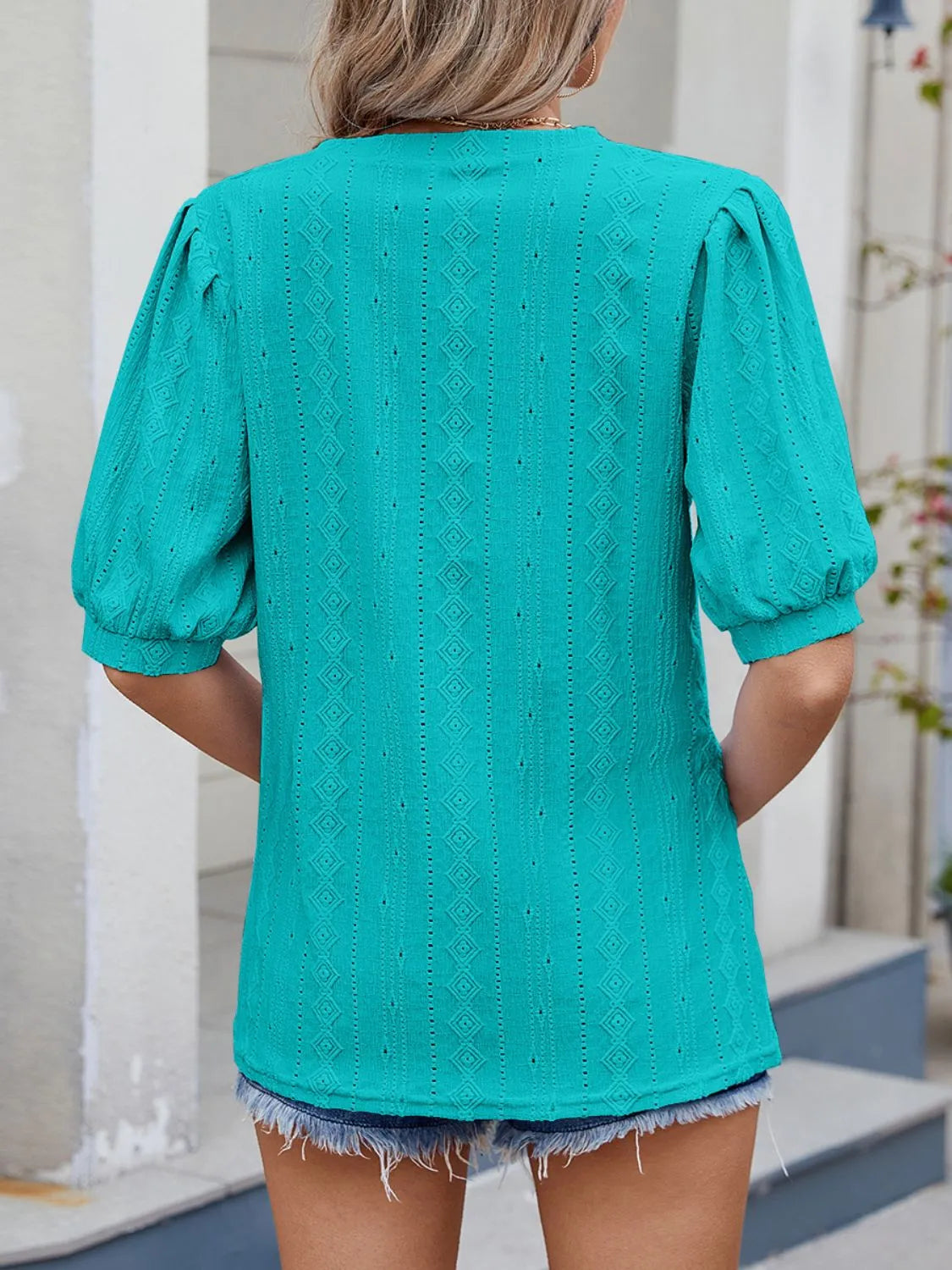 Puff Sleeve V-Neck Eyelet Lace T-Shirt OutfitFlow