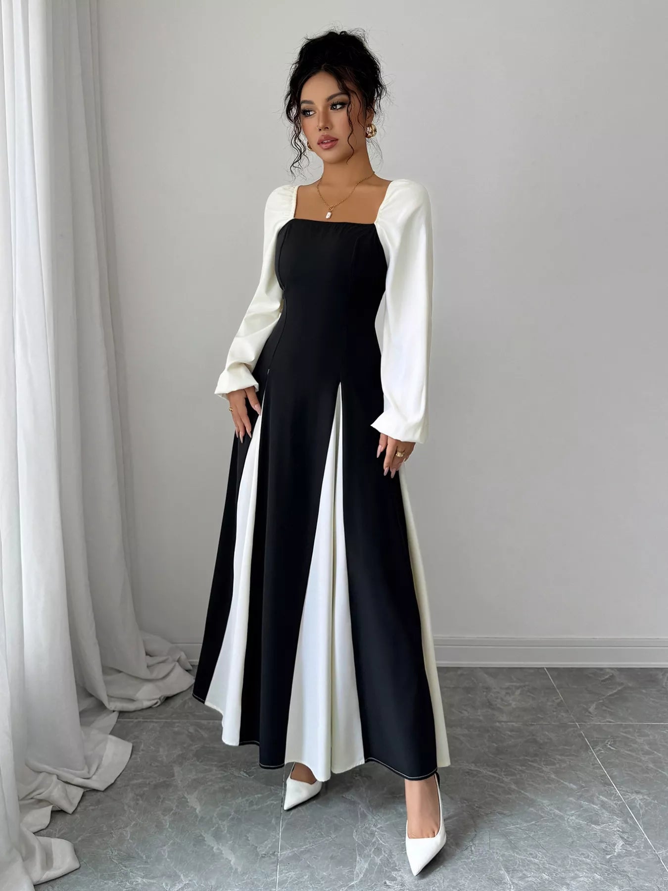 Color Block Square Neck Maxi Dress OutfitFlow