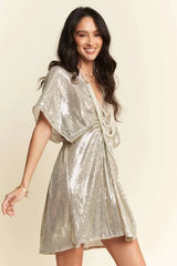 Davi & Dani Sequin Plunge Neck Knot Cut Out Tie Back Party Dress OutfitFlow