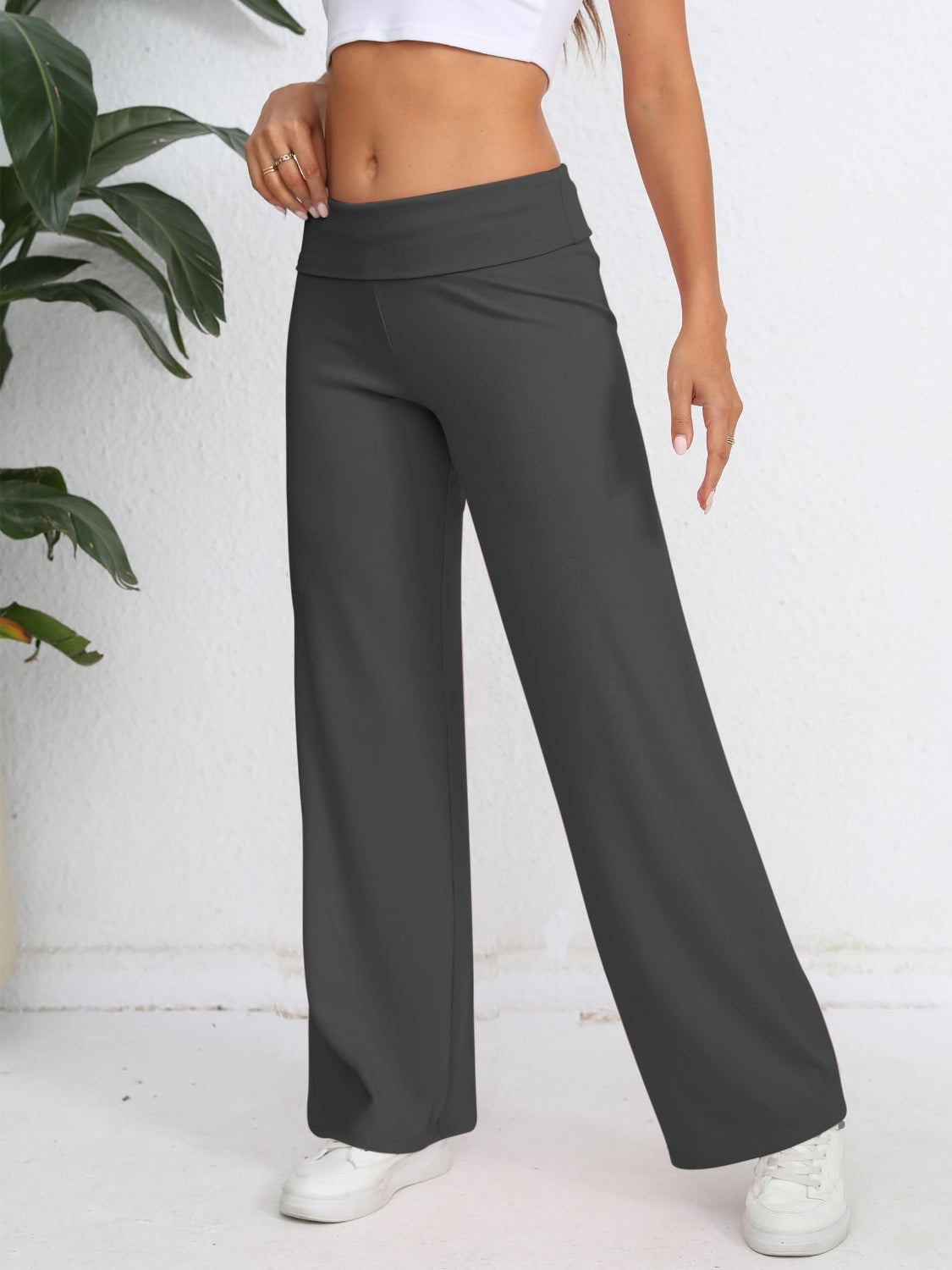 Elastic Waist Wide Leg Pants Dark Gray OutfitFlow