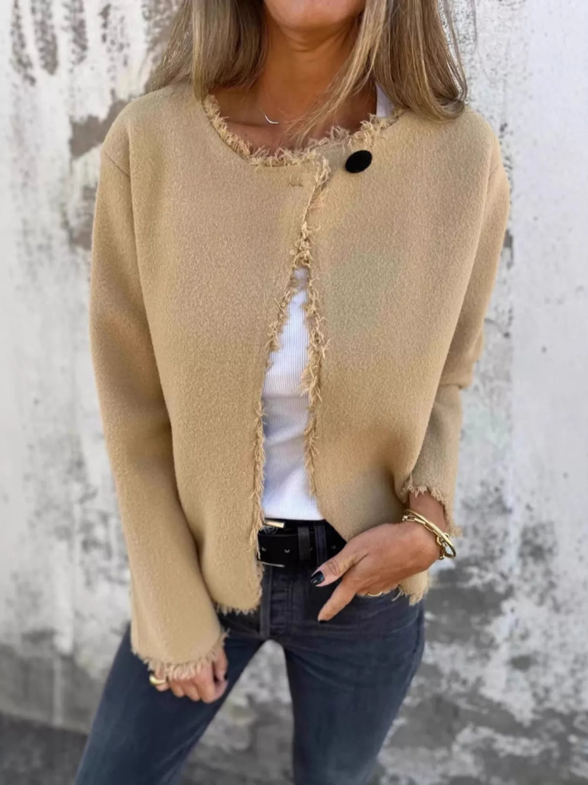 Full Size One Button Frayed Edge Cardigan Plus Size Khaki OutfitFlow