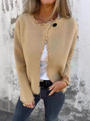 Full Size One Button Frayed Edge Cardigan Plus Size Khaki OutfitFlow