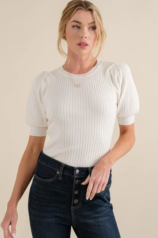 And The Why Puffed Half Sleeve Rib Basic Bodysuit OutfitFlow