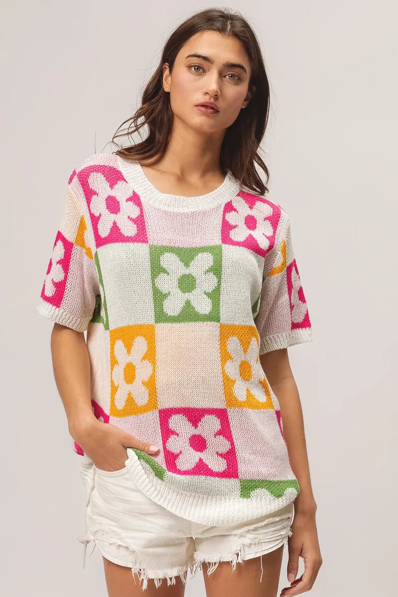 BiBi Flower Checker Pattern Lightweight Sweater Top OutfitFlow