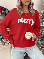 Merry Round Neck Dropped Shoulder Christmas Sweater OutfitFlow