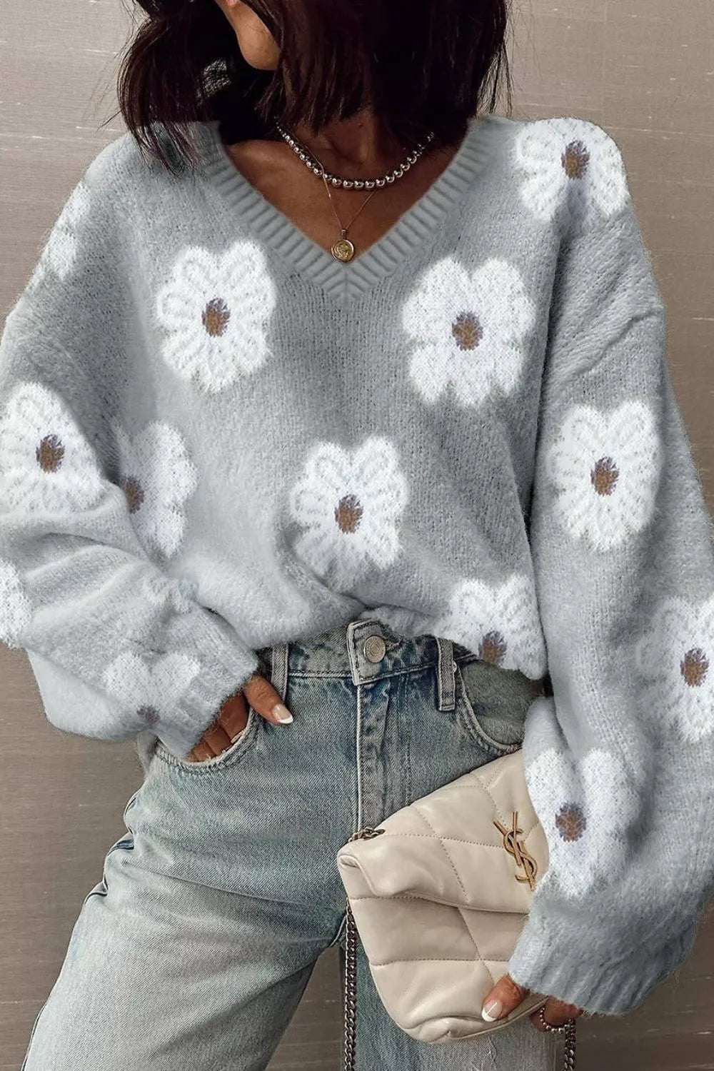 Floral Fuzzy Knit V-Neck Sweater OutfitFlow