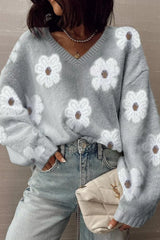 Floral Fuzzy Knit V-Neck Sweater OutfitFlow