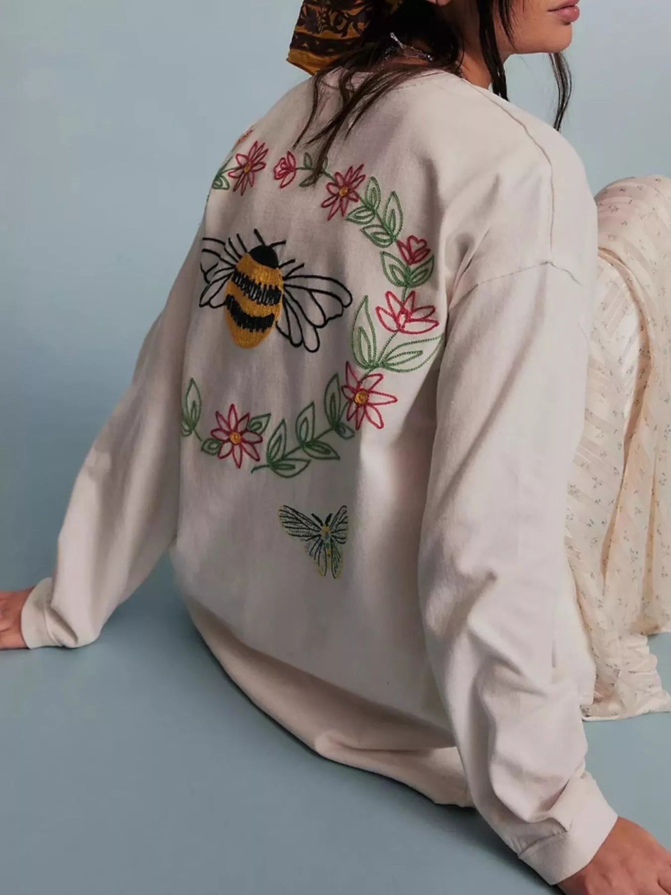 Embroidered Crew Neck Long Sleeve Sweatshirt OutfitFlow
