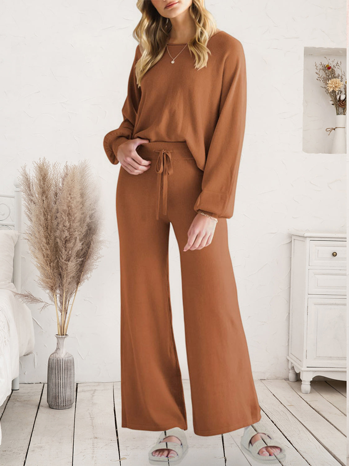 Outfit Flow - Long Sleeve Lounge Top and Drawstring Pants Set