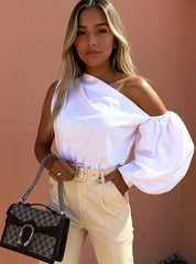 One Shoulder Puff Sleeve Blouse White OutfitFlow