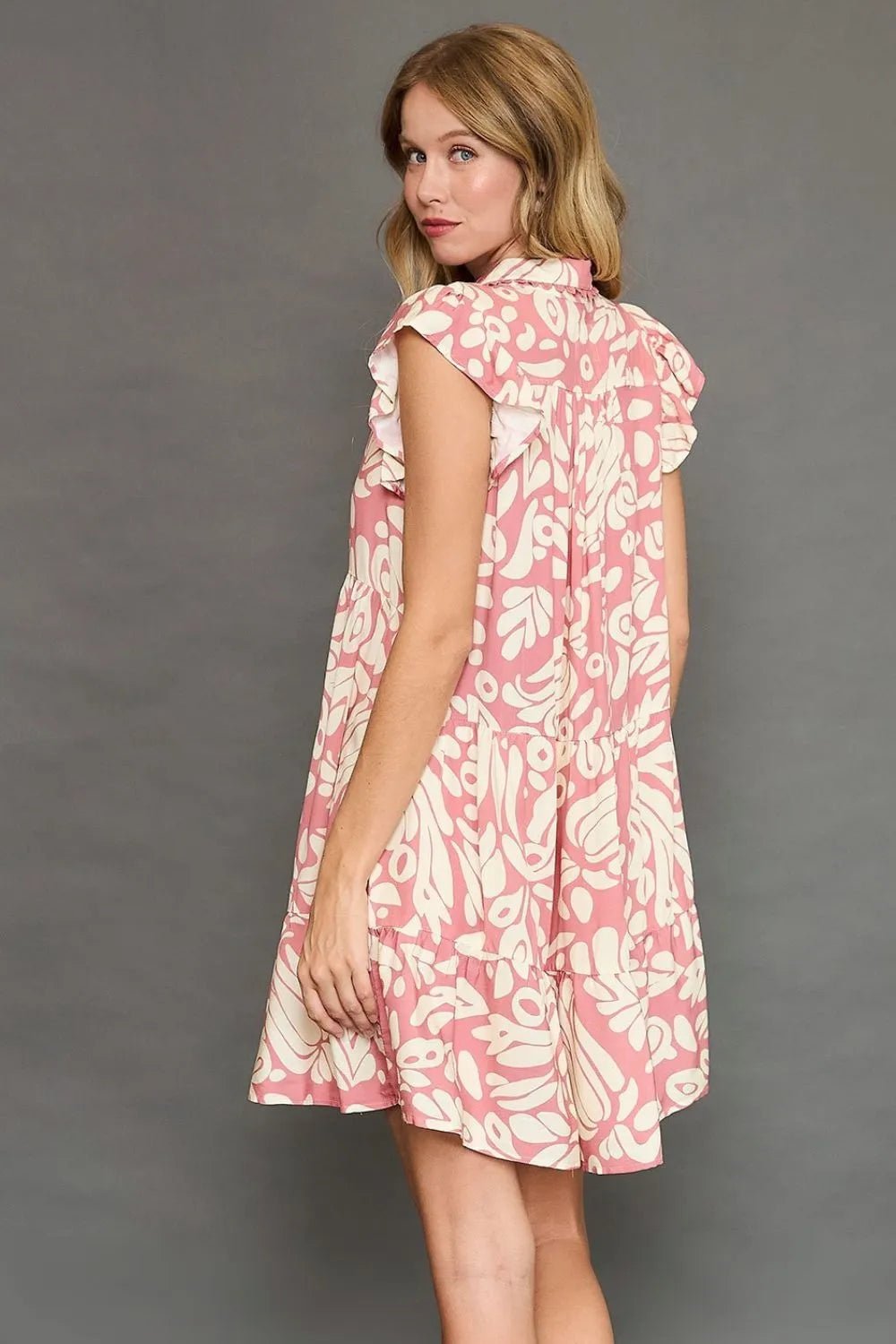 Umgee Full Size Two Tone Printed Ruffled Cap Sleeve Mini Dress Plus Size OutfitFlow