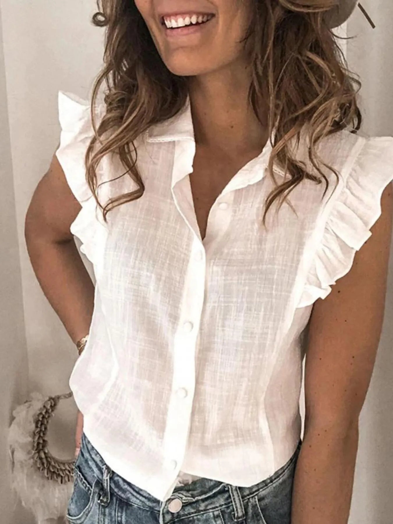 Ruffle Sleeve Button-Up Shirt OutfitFlow
