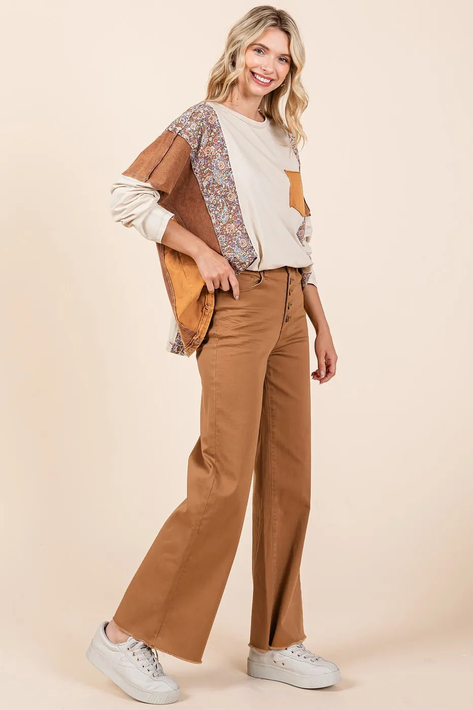 Mittoshop Twill High Waisted Button Fly Wide Leg Pants OutfitFlow