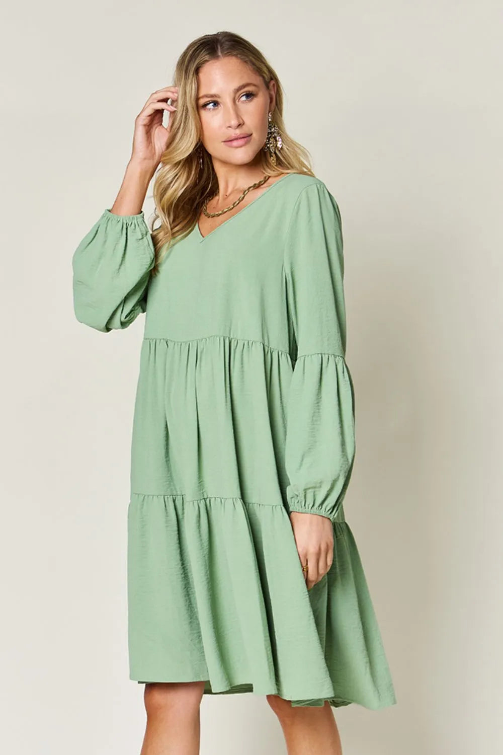 Double Take Full Size V-Neck Balloon Sleeve Tiered Dress with Pockets OutfitFlow