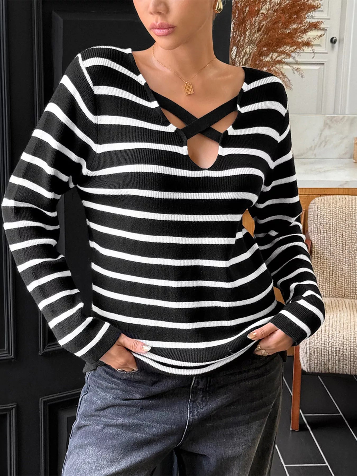 Striped Cross Front Long Sleeve Knit Top OutfitFlow