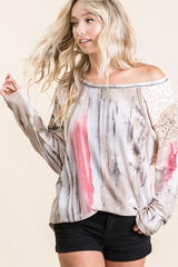BiBi Tie Dye Knit Top with Print Block Shoulder OutfitFlow
