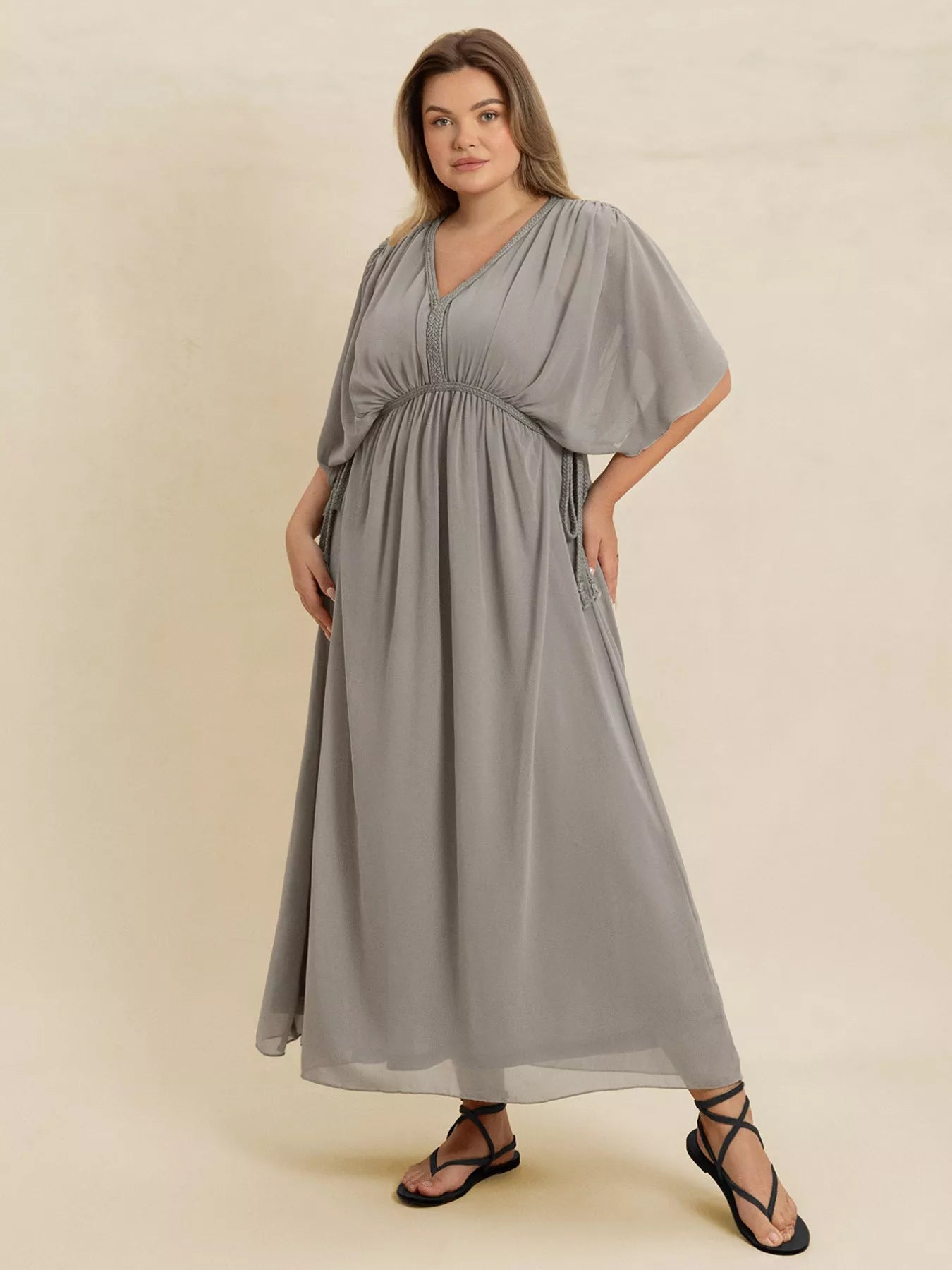 Plus Size V-Neck Flutter Sleeve Dress OutfitFlow