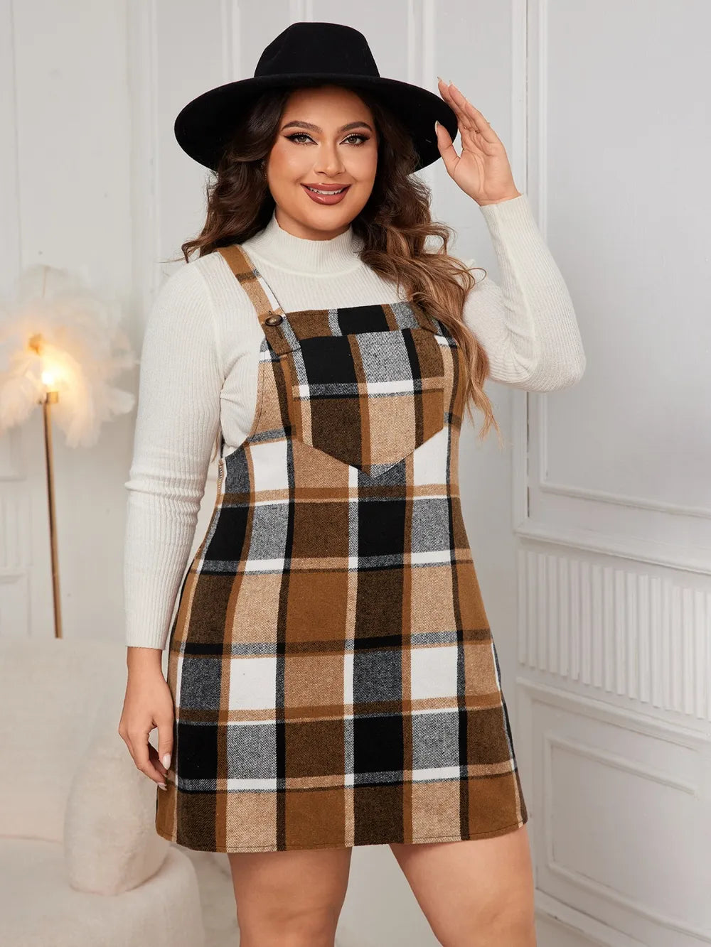 Honey Plus Size Plaid Wide Strap Overall Dress OutfitFlow