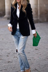 One Button Lapel Collar Long Sleeve Blazer OutfitFlow