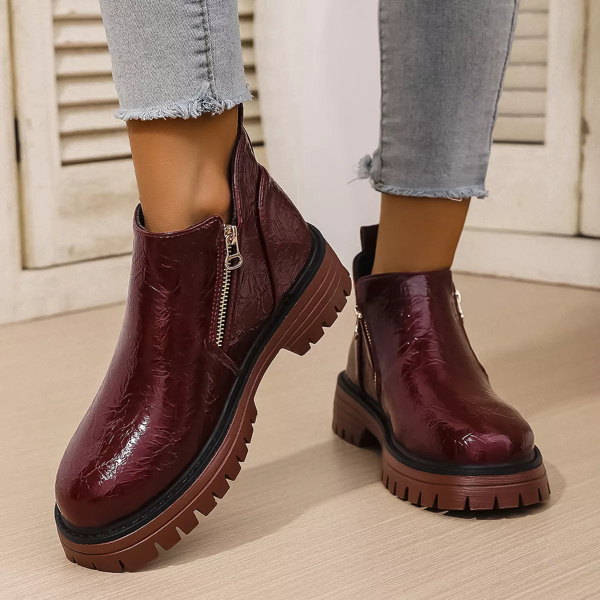 Round Toe Block Heels Boots Red OutfitFlow