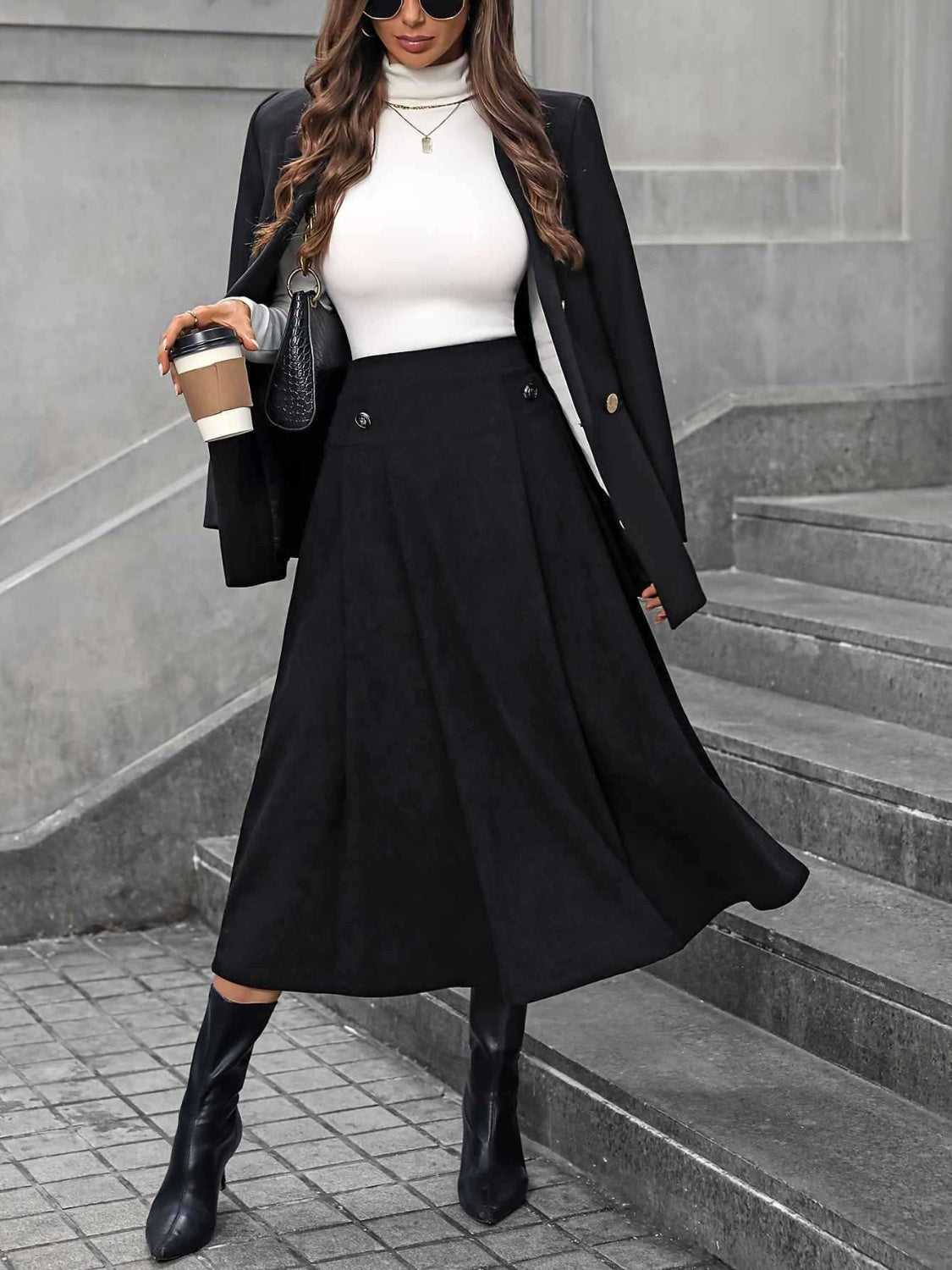 Outfit Flow -  Decorative Button Ruched Midi Skirt