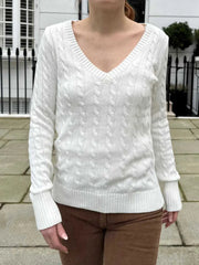 Cable Knit V-Neck Sweater White Trendsi