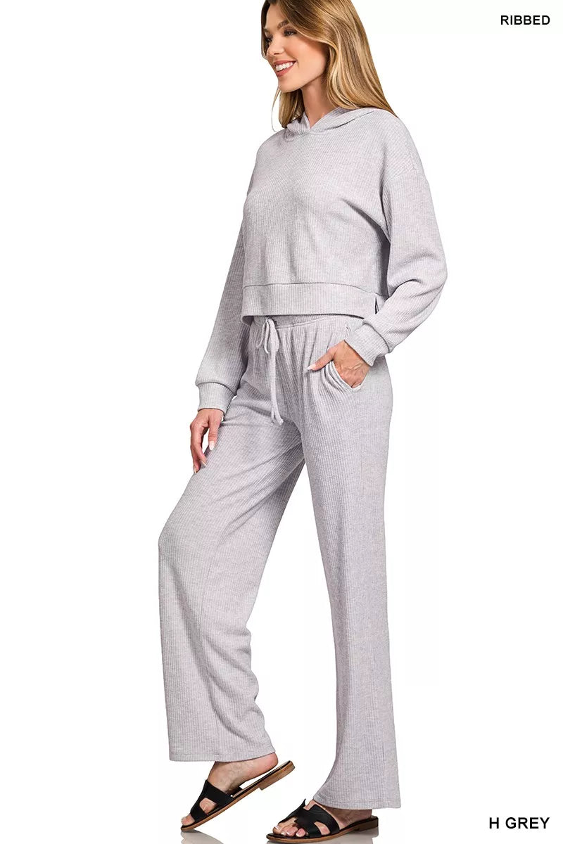 Zenana Drop Shoulder Ribbed Crop Hoodie OutfitFlow