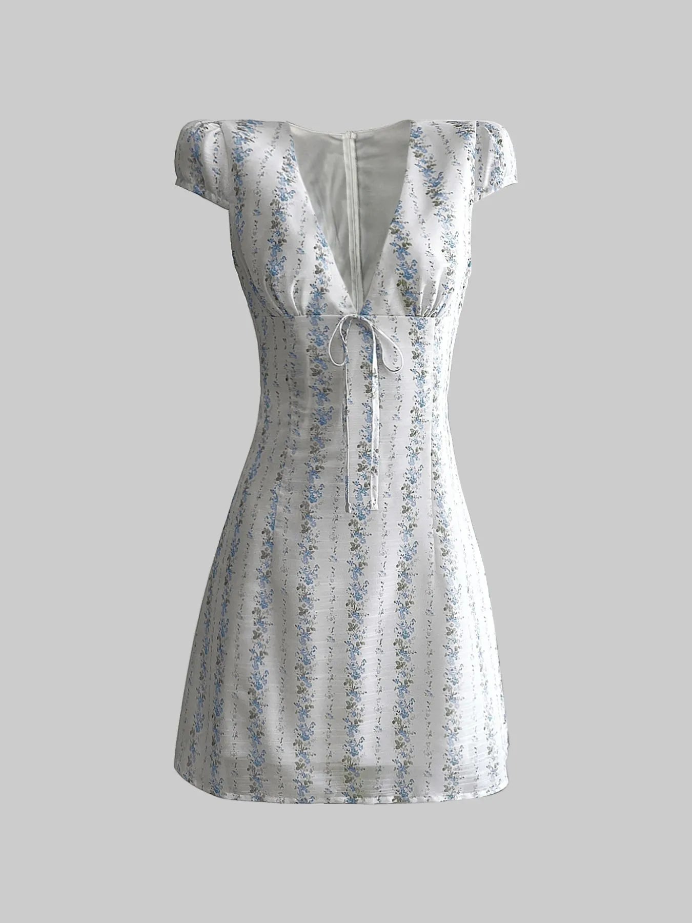 Floral Tie-Front Deep V-Neck Mini Dress Blue Flower OutfitFlow