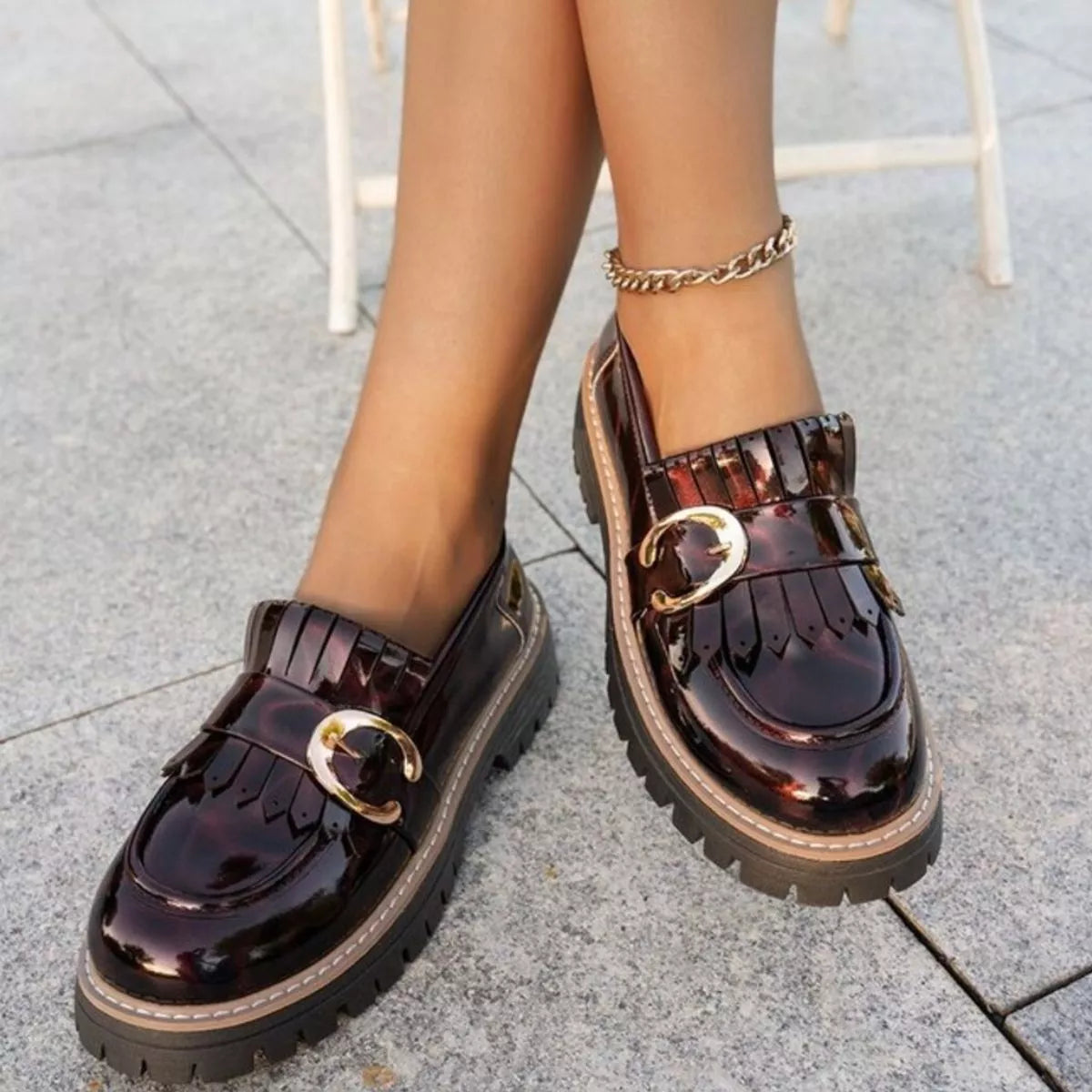 Round Toe Platform Loafers Burgundy Trendsi