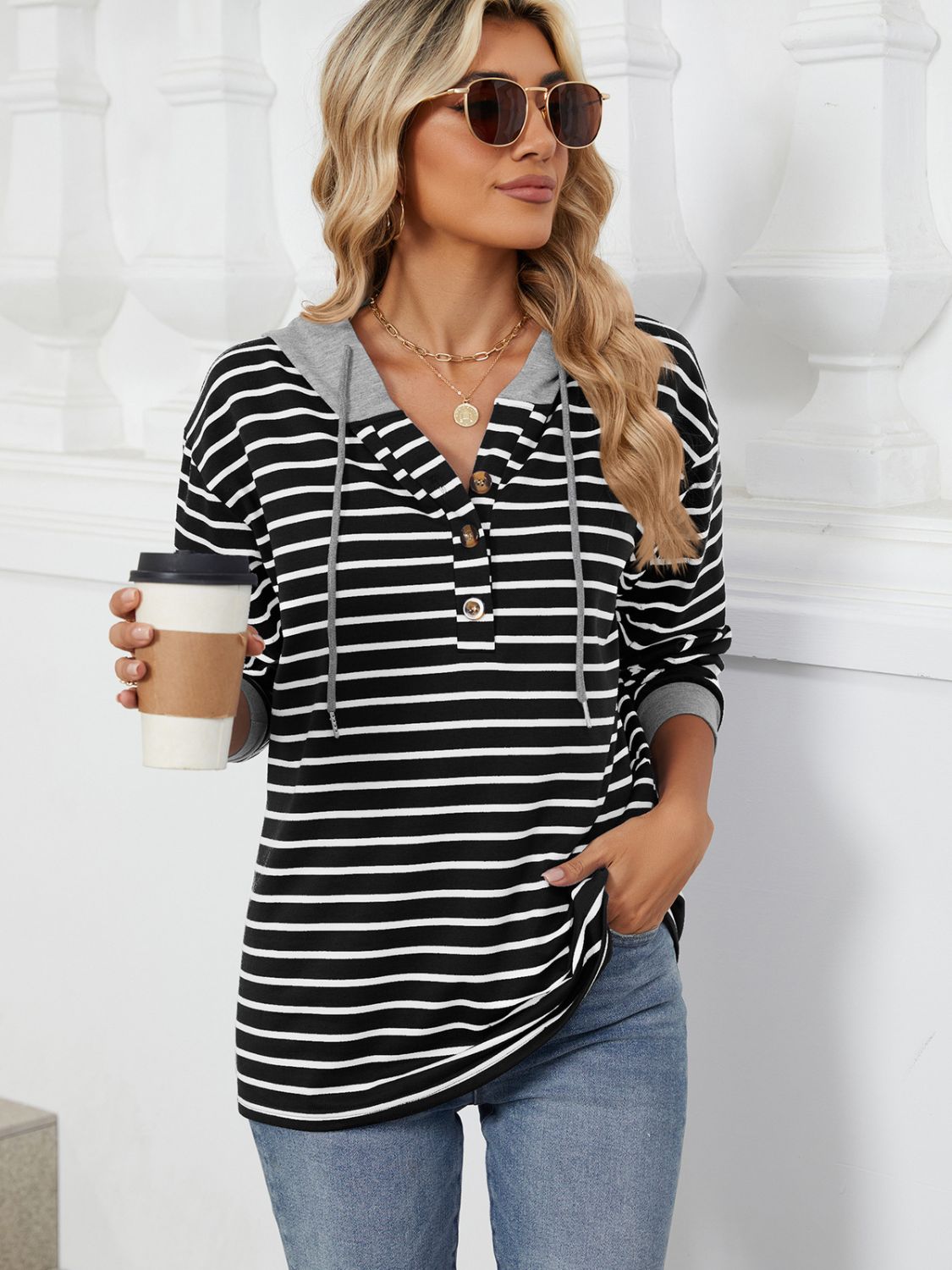 Outfit Flow - Drawstring Striped Long Sleeve Hoodie