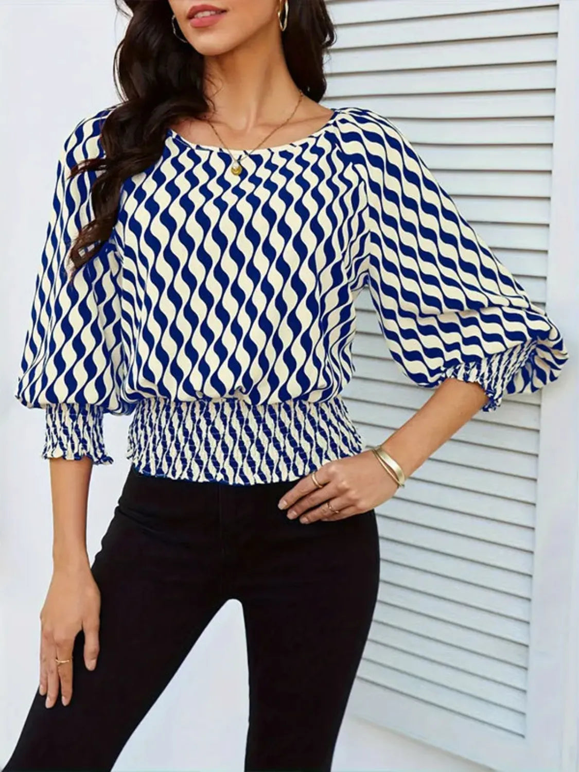 Geometric Print Lantern Sleeve Smocked Waist Blouse OutfitFlow