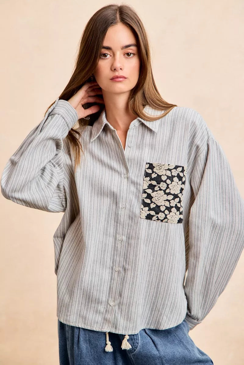 BiBi Flower Jacquard Knit Patch Pocket Stripe Shirt OutfitFlow