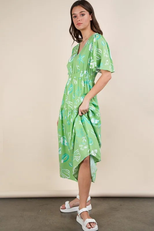 VERY J Printed V-Neck Resort Midi Dress OutfitFlow